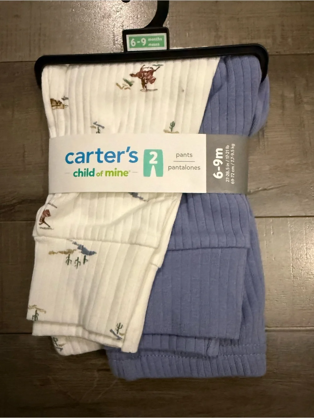 Carter's 2-Pack Ribbed Pants in White with Western Print & Dusty Blue